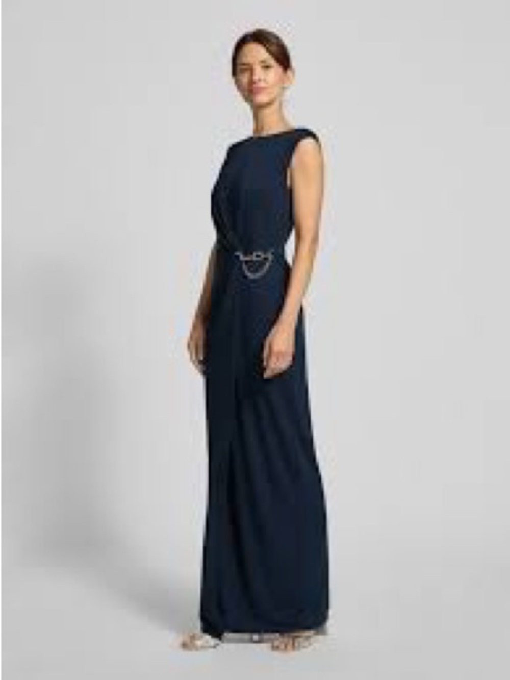 Lauren Ralph Lauren Sleeveless Navy Draped Chain-Trim Accent Gown Size 16 NWT
